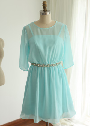 Blue Chiffon Elbow Sleeves Beads Sash Short Mother Dress
